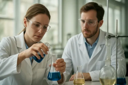 Kémiai kísérlet laboratóriumban, sárgáver lúgkő felfedezése