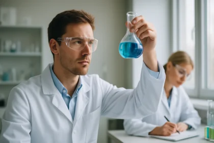 Kémikus egy kék folyadékot tartalmazó lombikot vizsgál.