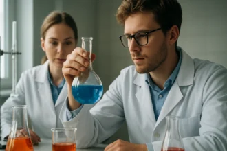 Két tudós, akik különböző színű folyadékokat vizsgálnak laboratóriumban.