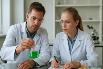 Két kémikus zöld oldatot vizsgál a laboratóriumban.