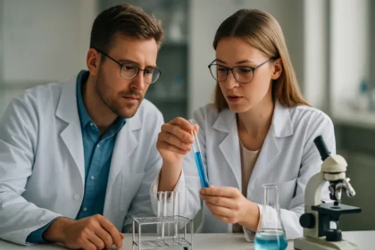 Két kutató laboratóriumban, kémiai folyamatokat vizsgálnak.