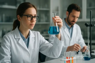 Két tudós laboratóriumban végzi a kémiai kísérleteit.