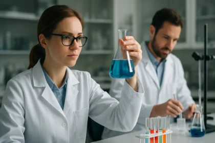 Két tudós laboratóriumban végzi a kémiai kísérleteit.