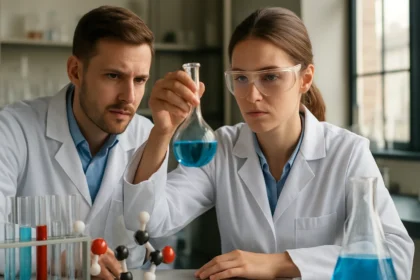 Két tudós laboratóriumban savas festékekkel dolgozik