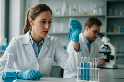 Kémikus kémiai reakció történését figyeli laboratóriumban.