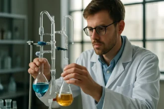 Kémikus savas pácolás kísérlet közben, kék és sárga folyadékokkal.