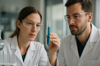 Két tudós vizsgál egy kék folyadékot kémiai laboratóriumban.