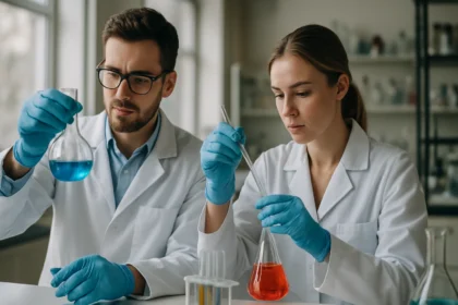 Két tudós laboratóriumi kísérletet végez pH-indikátorokkal.