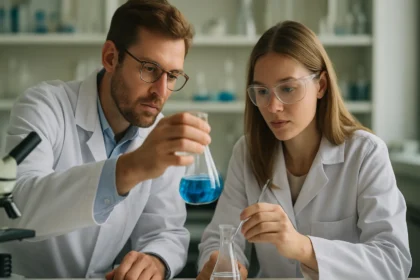 Két kémikus laboratóriumban savi disszociációt vizsgálva