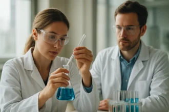 Két kémikus laboratóriumban savhalogenidek vizsgálata közben.