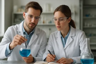 Két vegyész laborban kék folyadékkal végzik a kísérletet.