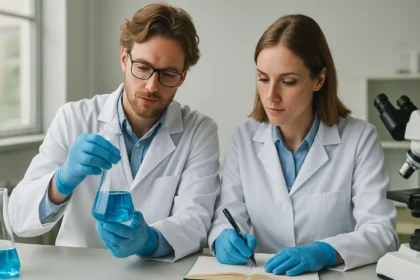 Két tudós laboratóriumban, kémcsővel és jegyzetfüzettel, kémiai kísérletet végeznek.