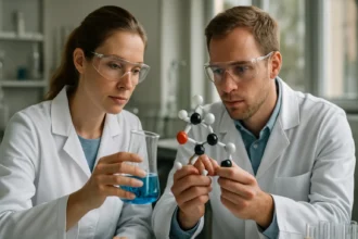 Két kutató a metol molekulát vizsgálja laboratóriumban.