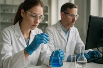 Két kémikus laboratóriumi munkát végez, Schiff-reagens használatával.