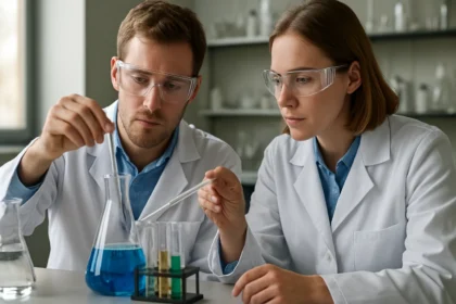 Két kémikus laboratóriumi kísérletet végez, kémiai eszközökkel.