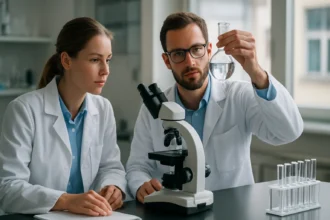 Két tudós laboratóriumi kísérletezés közben, mikroszkóppal és kémcsövekkel.