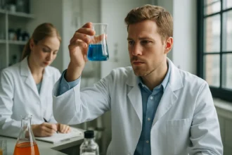 Kémiai kísérlet laboratóriumban, sebbenzin vizsgálata