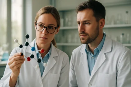 Molekuláris modell bemutatása kémiai kutatás során.