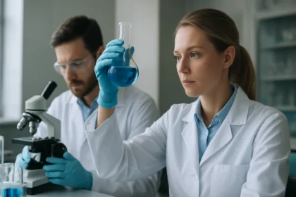 Két tudós laboratóriumi környezetben, kémiai kísérletet végezve.