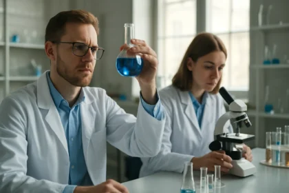 Kémikusok laboratóriumban kísérleteznek kerámia anyagokkal.