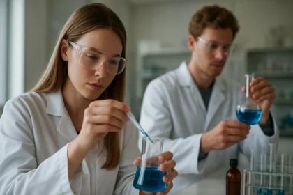 Két fiatal tudós laboratóriumban kémiai kísérleteket végez.