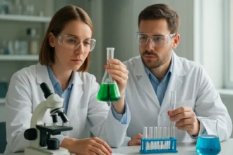 Laboratóriumi kísérlet, kémikusok a Seliwanoff-teszt végrehajtásánál