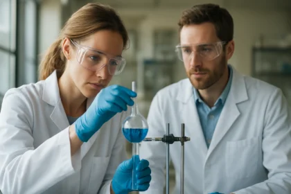 Két kémikus laborban sav-bázis reakciót végeznek