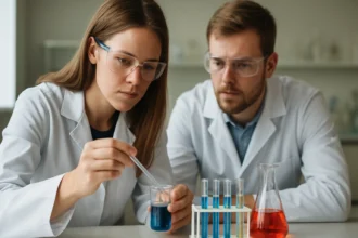 Kémiai kísérlet semleges tisztítószerekkel a laboratóriumban.