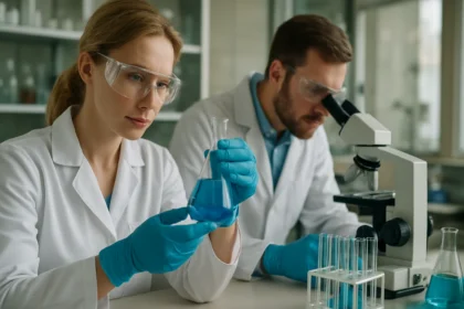 Két kutató laboratóriumban, kémcsövek és mikroszkóp használatával.