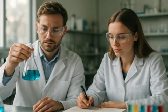 Két kutató laboratóriumban sikimisavval kapcsolatos kísérletet végez.