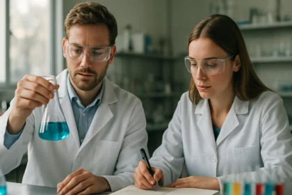 Két kutató laboratóriumban sikimisavval kapcsolatos kísérletet végez.