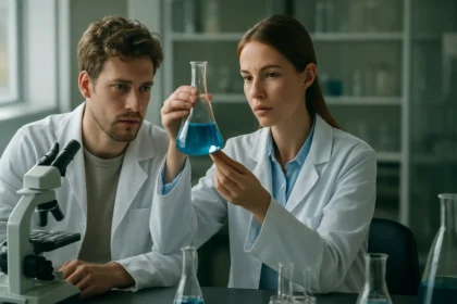 Két kutató laboratóriumban kémiai kísérletet végezve.