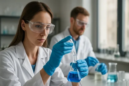 Laboratóriumi munka kromatográfiában, női vegyész kémcsővel.