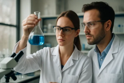 Kutatók laboratóriumban, vanillinnal kapcsolatos kísérletezés közben.