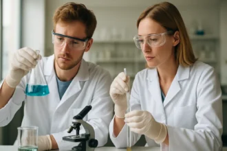 Két tudós laboratóriumi kísérlet során az SN1 reakció tanulmányozása közben.