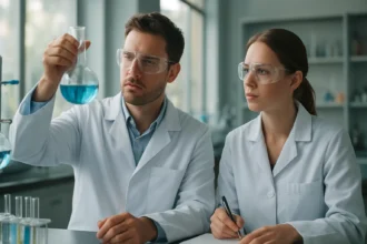 Két kutató kémiai kísérletet végez egy laboratóriumban