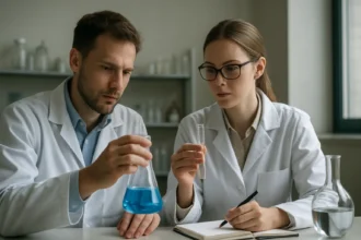 Két kutató laboratóriumban, kémiai kísérleteket végeznek izotópokkal.