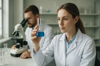 A női tudós kék oldattal teli erlenmeysorban, mikroszkóp a háttérben.