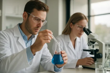 Két laboratóriumi dolgozó kémiai kísérletezést végez sók kutatása során.