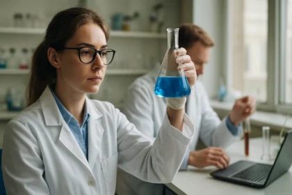 Laboratóriumi kutató figyeli a kémiai reakciót kék folyadékkal.