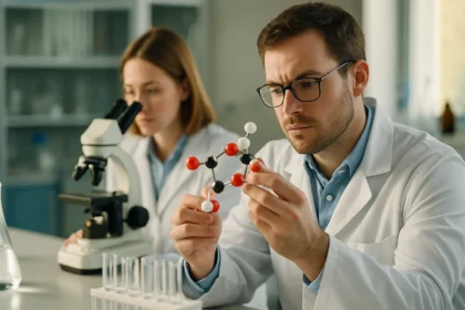 Két tudós laboratóriumban sörkémiai összetevőket vizsgál.