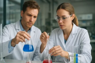 Két tudós dolgozik laboratóriumi környezetben, különböző folyadékokat mérnek.