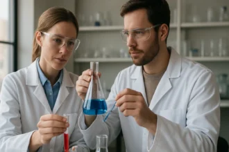 Kémikusok mézkémiai kísérletet végeznek laboratóriumban