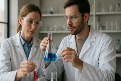 Kémikusok mézkémiai kísérletet végeznek laboratóriumban