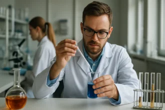 Kémikus spandex kutatás közben laboratóriumban.