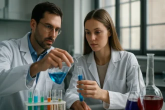 Két laboratóriumi szakember spektrofotométert használnak kémiai elemzéshez