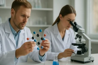 Két kutató laboratóriumi környezetben, molekulák és mikroszkóp használatával.