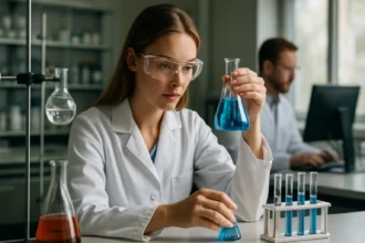 Kémikus laboratóriumban, kék folyadékkal teli Erlenmeyer palackot tart a kezében.