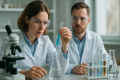 Két tudós laboratóriumban kémiai kísérletet végez, sp2 hibridizációval kapcsolatos vizsgálat.