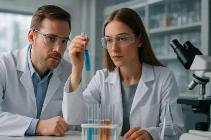 Kémikusok gázolajat vizsgálnak laboratóriumban